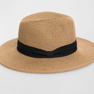 NEW - hat Tobago Straw beige Fedora W/ black Bow Band o/s